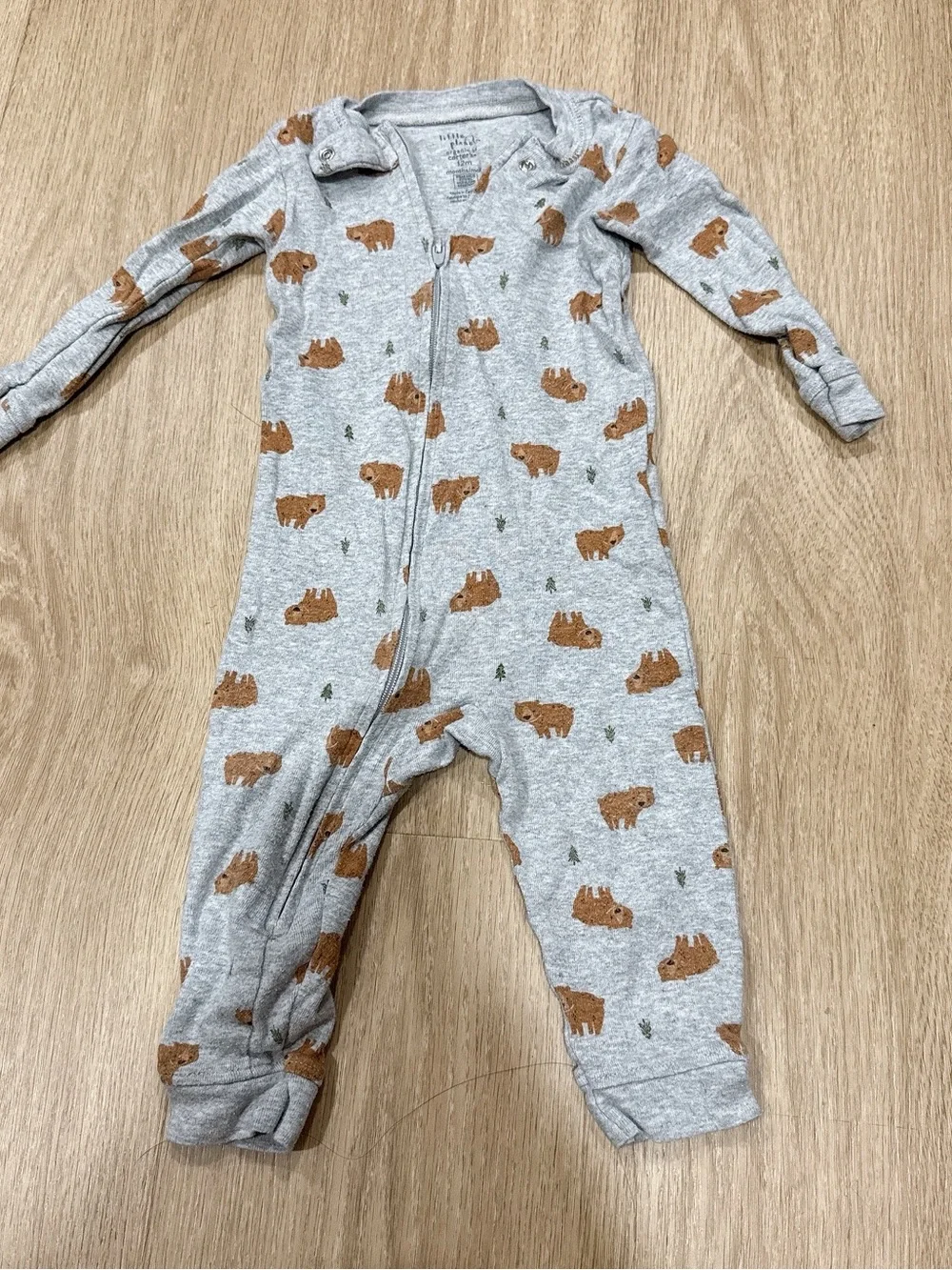 Grey Baby One-Piece Zipper Romper with Brown Bear Print